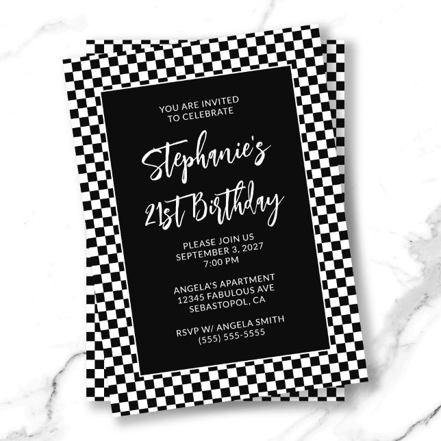 Invitation Noir et blanc rétro À damiers audacieux 21e annive (Retro Black and White Checkered Bold 21st Birthday Invitation)