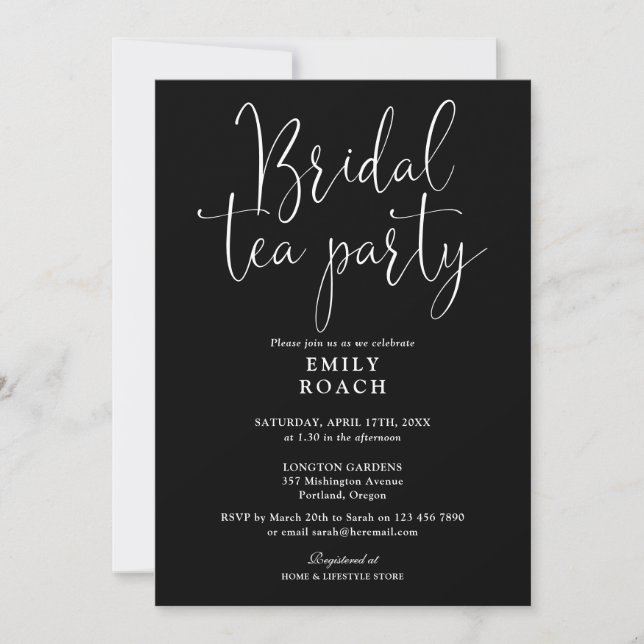 Invitation Noir Et Blanc Script Bridal Tea Party Douche (Devant)