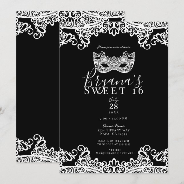 Invitation Noir et Blanc Soirée Masquée Fête Douze Ans (Devant / Derrière)