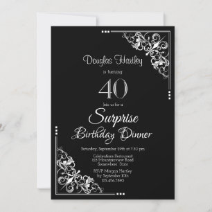 Invitation Noir et blanc Surprise Dîner du 40e anniversaire