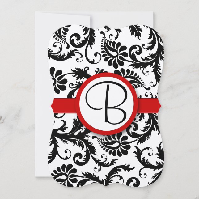 Invitation Noir et blanc Victorian Damask Red Trim Mariage (Devant)