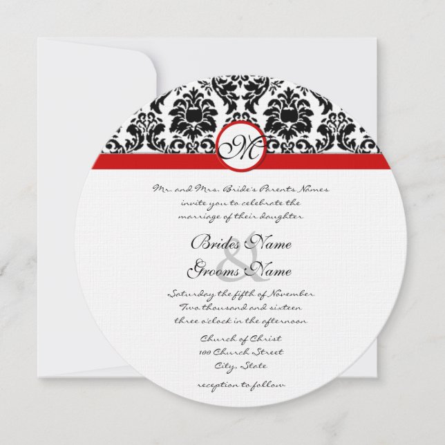 Invitation Noir et blanc Victorian Damask Red Trim Mariage (Devant)