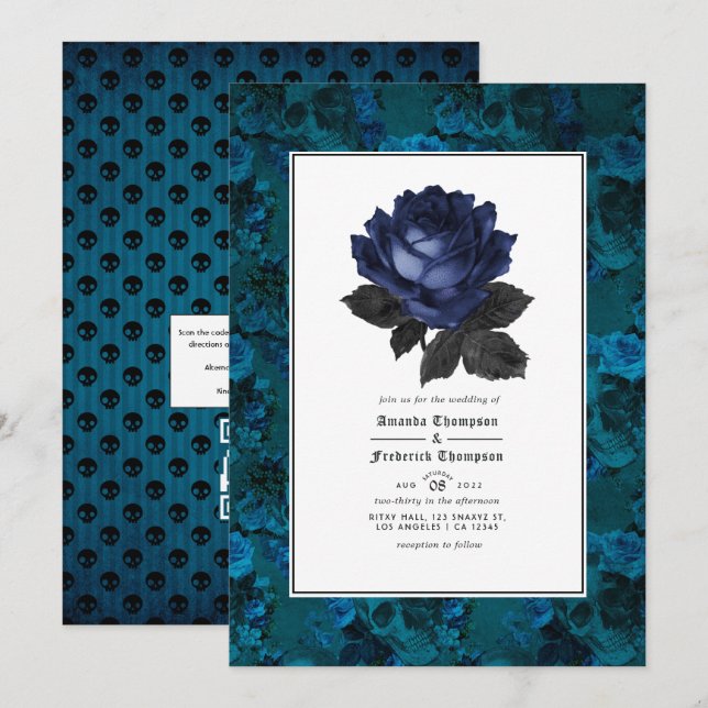 Invitation Noir et Bleu gothique Floral Code QR RSVP Mariage (Devant / Derrière)