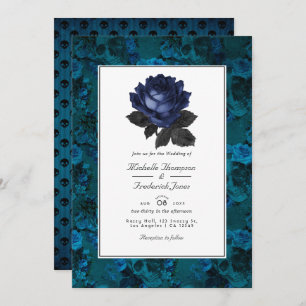 Invitation Noir et Bleu gothique Floral Code QR RSVP Mariage