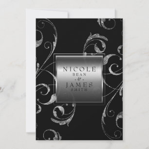 Invitation Noir et élégant tourbillon floral en verre argenté