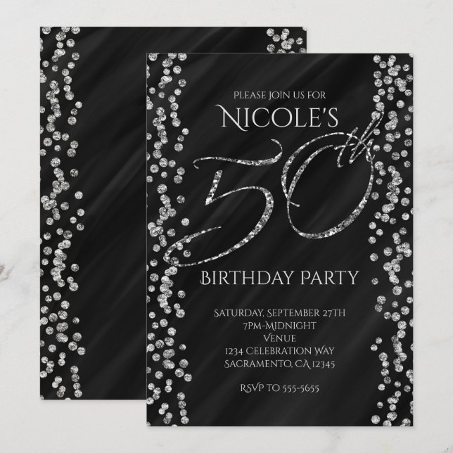 Invitation Noir et Faux Argent Paillettes Glam 50 50e Anniver (Devant / Derrière)