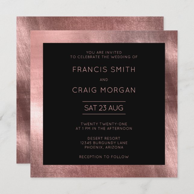 Invitation Noir et Faux Rose Gold Foil Mariage moderne (Devant / Derrière)
