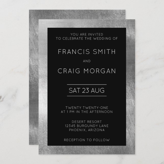Invitation Noir et Faux Silver Foil Mariage moderne (Devant / Derrière)