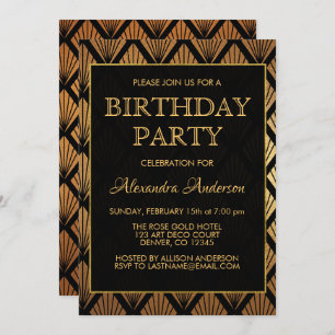 Invitation Noir et fête d'anniversaire d'art déco de feuille