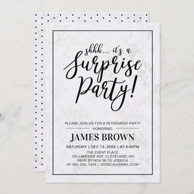 Invitation Noir et marbre | Parti de retraite surprise modern (Devant / Derrière)