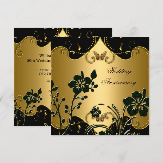 Invitation Noir et or Anniversaire de Mariage 50 ans Floral (Devant / Derrière)