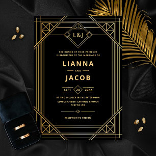 Invitation Noir et or Art déco moderne Mariage Monogramme