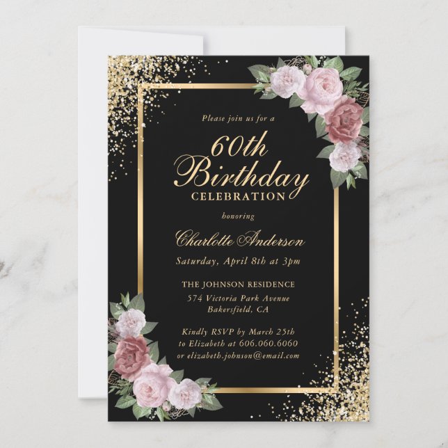 Invitation Noir et or Confetti Blush Floral 60e anniversaire (Devant)