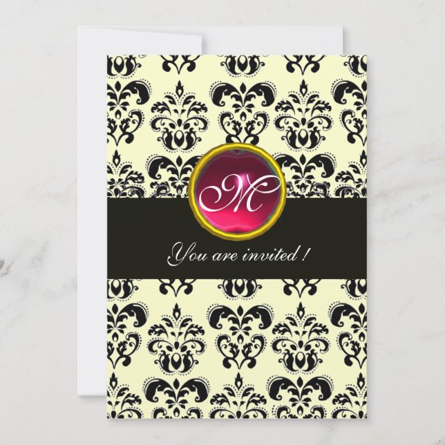 Invitation NOIR ET OR DAMASK MONOGRAM, rubis rouge, fuchsia (Devant)