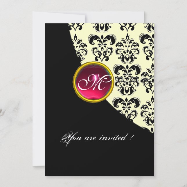 Invitation NOIR ET OR DAMASK MONOGRAM, rubis rouge, fuchsia (Devant)