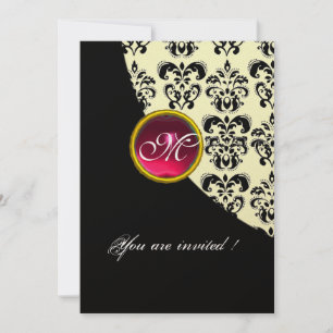 Invitation NOIR ET OR DAMASK MONOGRAM, rubis rouge, fuchsia