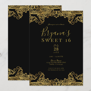 Invitation Noir et Or Dentelle Élégante Fête Douce 16