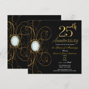 Invitation Noir et or Diamant Élégant 25 25e anniversaire