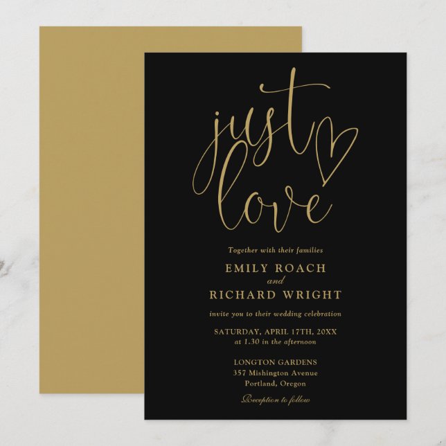 Invitation Noir Et Or Élégant Juste Aimer Script Mariage (Devant / Derrière)