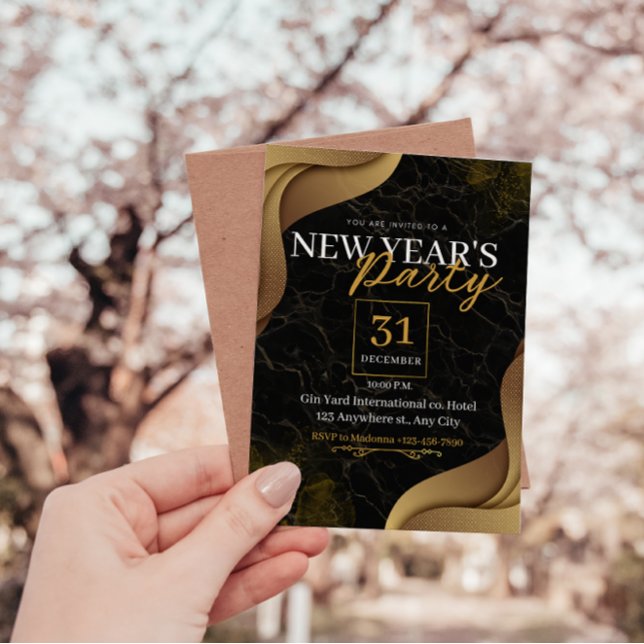 INVITATION NOIR ET OR ÉLÉGANT PERSONNALISÉ NOUVEL AN`S PARTY (Elegant gold and black new year party invitations)