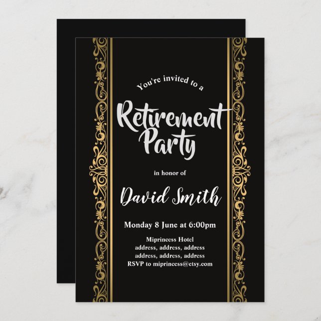 Invitation noir et or, élégante retraite (Devant / Derrière)