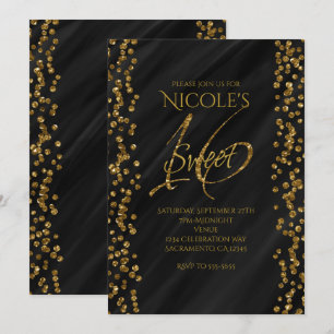 Invitation Noir et or faux Paillettes Glamour SWEET 16 Seize