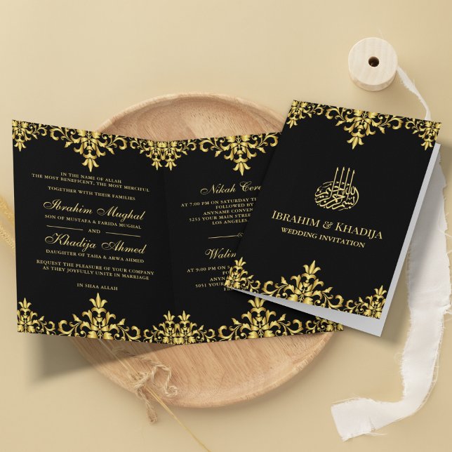 Invitation Noir et Or Feuille de Damassé Mariage Islamique (Créateur téléchargé)