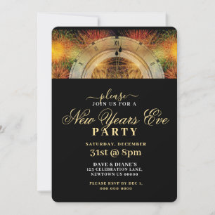 INVITATION NOIR ET OR, HORLOGE FESTIVE, FÊTE DES NOUVELLES AN