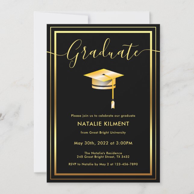 Invitation Noir et or Moderne Casquette diplômé (Devant)