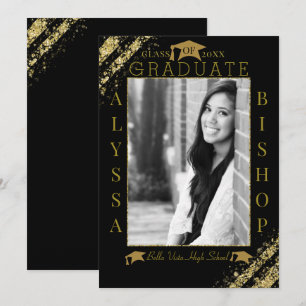 Invitation Noir et Or Paillettes Photo Diplômé Graduation