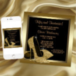 Invitation Noir et or talons hauts femmes 50e anniversaire<br><div class="desc">Elégante parties scintillant noir et or haute talon chaussures femme de cinquantième anniversaire invitation de fête. Cette belle invitation à la fête de chaussures à talons hauts en noir et or est facilement customisée pour votre événement en ajoutant les détails de votre événement, le style de police, la taille et...</div>