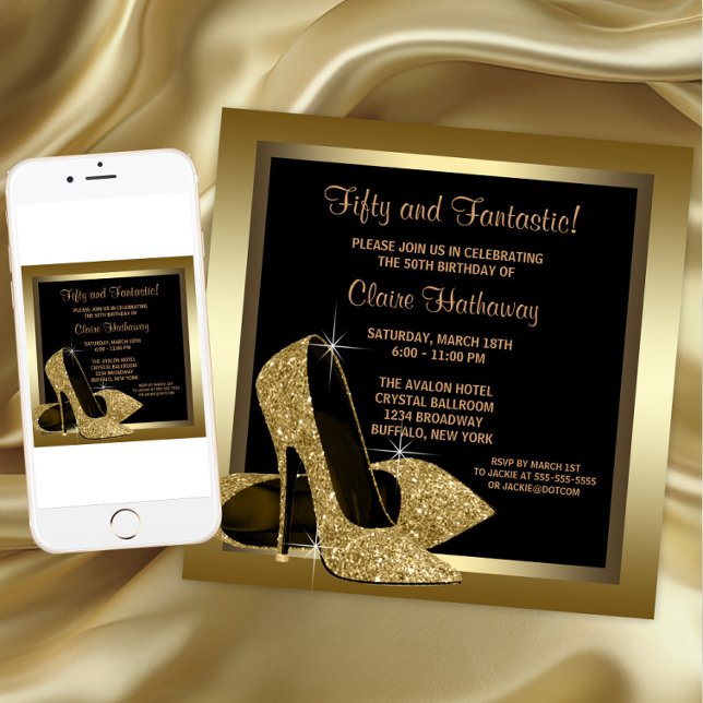 Invitation Noir et or talons hauts femmes 50e anniversaire (Black Gold High Heels Any Number Birthday Invitation. Download and printed invitations available.)