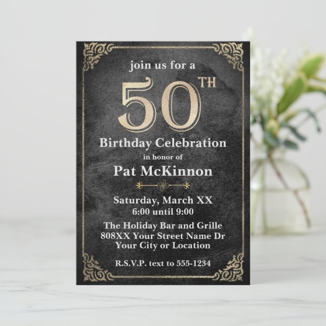 Invitation Noir et Or Vintage 50e Anniversaire (Debout devant)