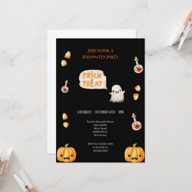 INVITATION NOIR ET ORANGE TRICK OU TRAITER HALLOWEEN (Devant/Arrière en situation)