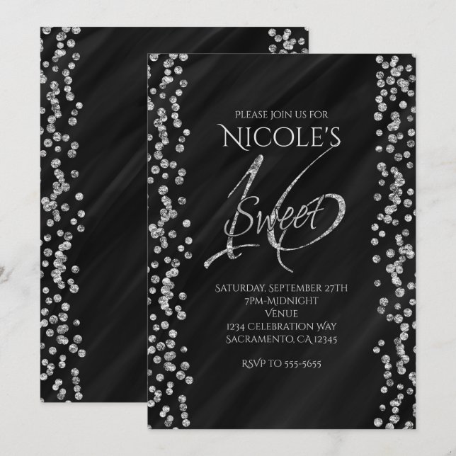 Invitation Noir et paillettes argentées Fausse Glam SWEET 16  (Devant / Derrière)