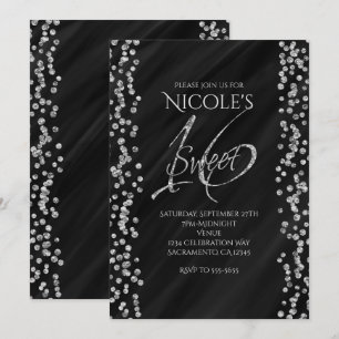 Invitation Noir et paillettes argentées fausses Glam SWEET 16