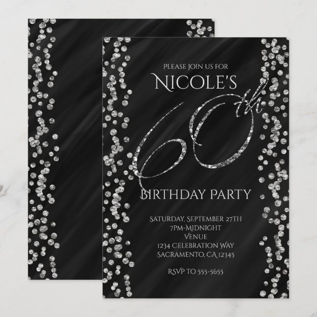 Invitation Noir et paillettes argentées Faux Glam 60 60e anni (Devant / Derrière)