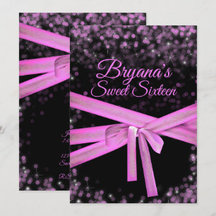 Invitation Noir et rose bow glitter lumières doux 16e anniver