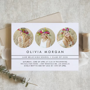 Invitation Noir et rose Moderne Trois Photo Graduation