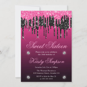 Invitation Noir et rose pailleté suintant Sweet Sixteen