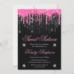 Invitation Noir et rose paillettes qui dégoulinent Sweet Sixt