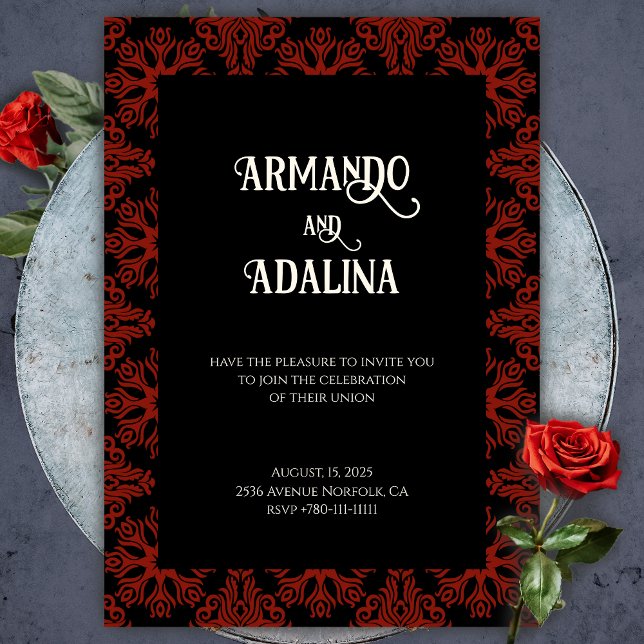 Invitation Noir et rouge Floral Gothique foncé Élégant mariag (Gothic Red and Black Wedding Invitation)