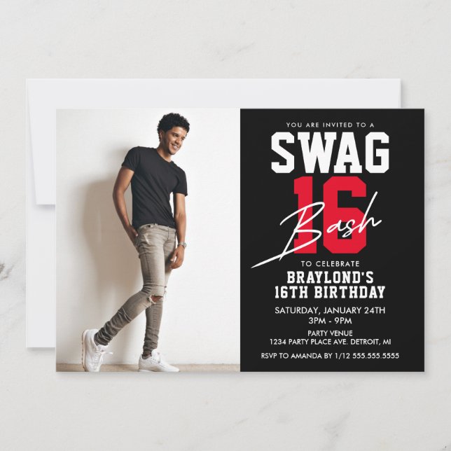 Invitation Noir et Rouge Swag 16e Anniversaire (Devant)