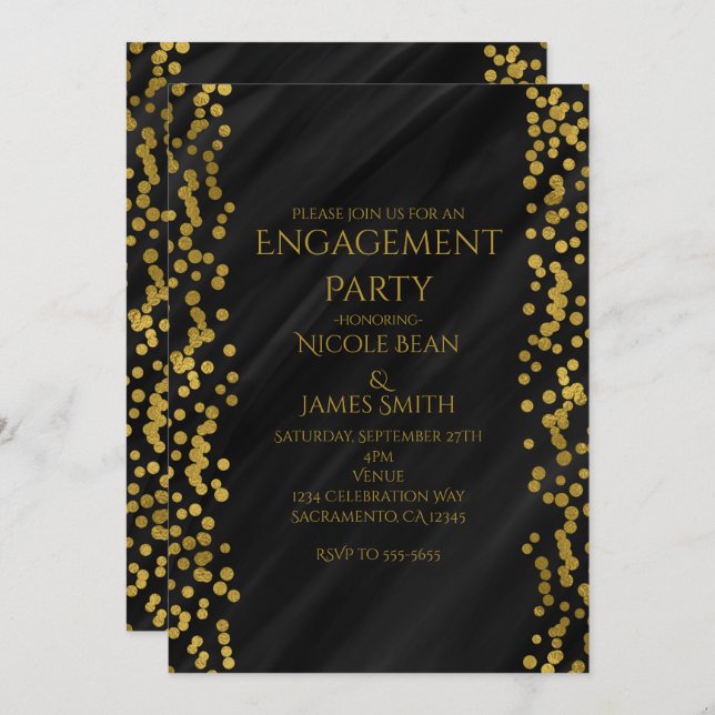 Invitation Noir & Faux Or Glam moderne Mariage Fiançailles (Devant / Derrière)