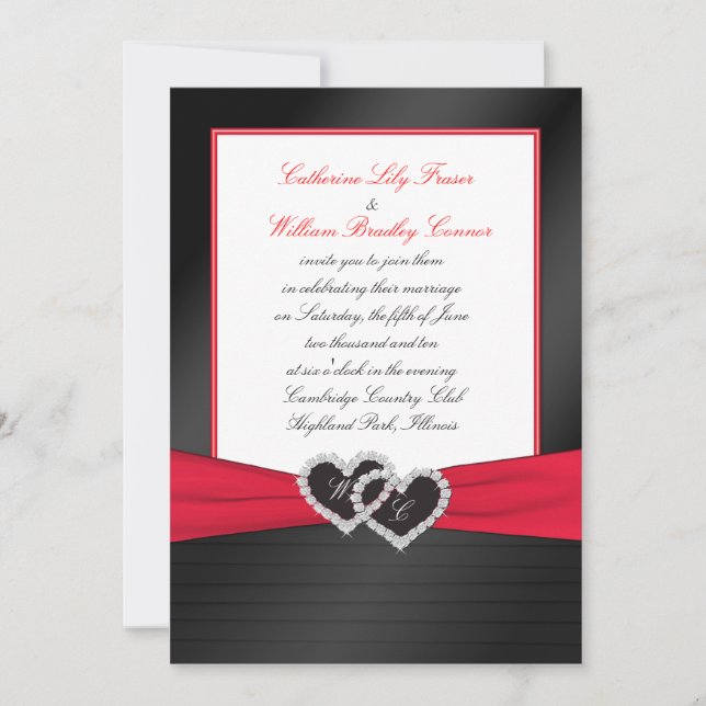 Invitation Noir FAUX Satin Pleins, Coeurs Monogramme Invitati (Devant)