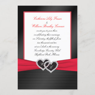 Invitation Noir FAUX Satin Pleins, Coeurs Monogramme Invitati