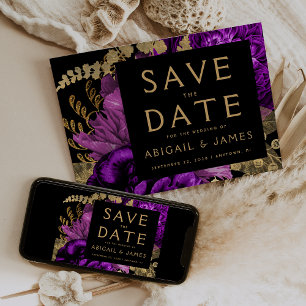 Invitation Noir Floral foncé violet or mariage Enregistrer la