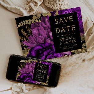 Invitation Noir Floral foncé violet or mariage Enregistrer la