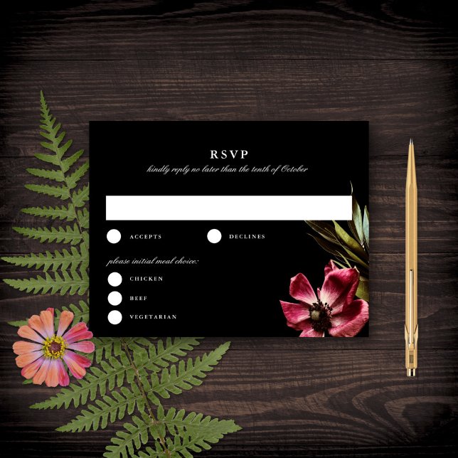 Invitation Noir foncé + Moody Elégant Floral Noir Mariage RSV (Créateur téléchargé)