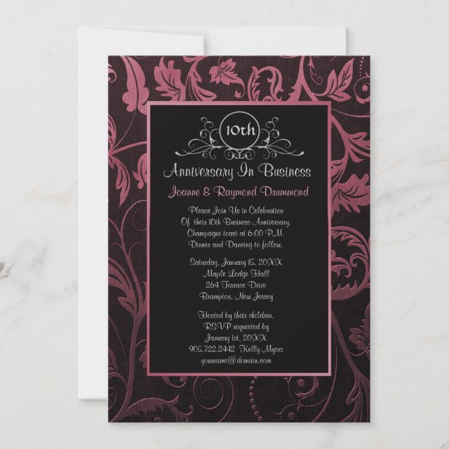 Invitation Noir - Framboise Damas 10e anniversaire d'affaires (Devant)
